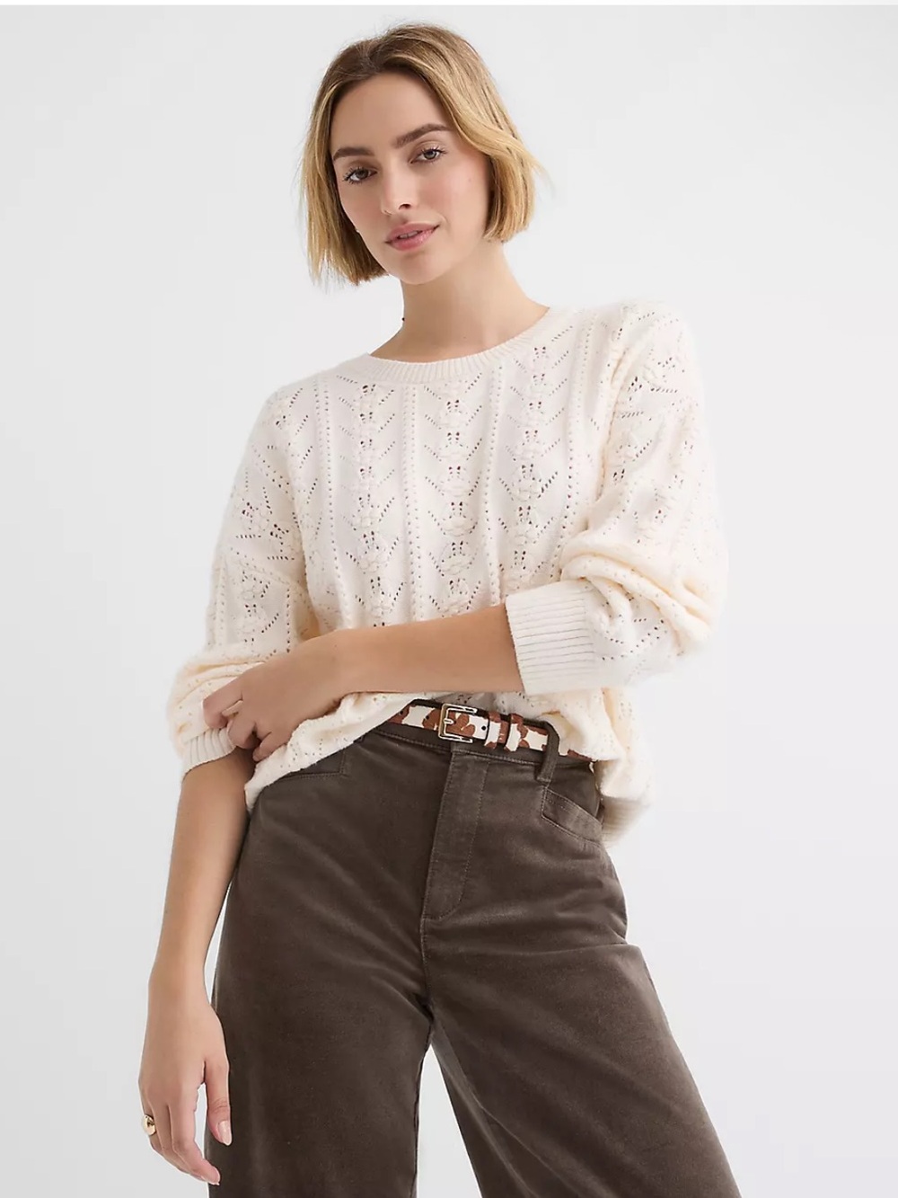 LOFT Cream Open-Knit Crewneck Sweater, Size Small.